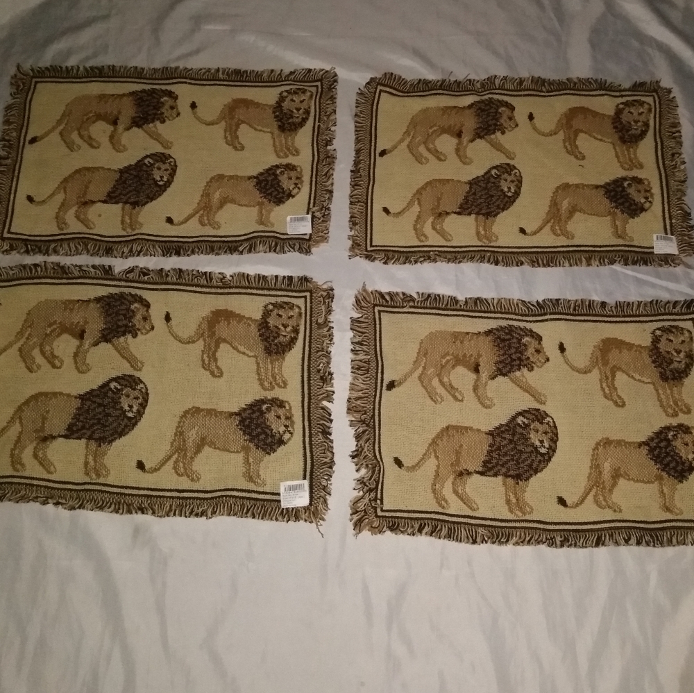 4 New woven fabric beige loin theme fringed cotton placemats 13 x 19